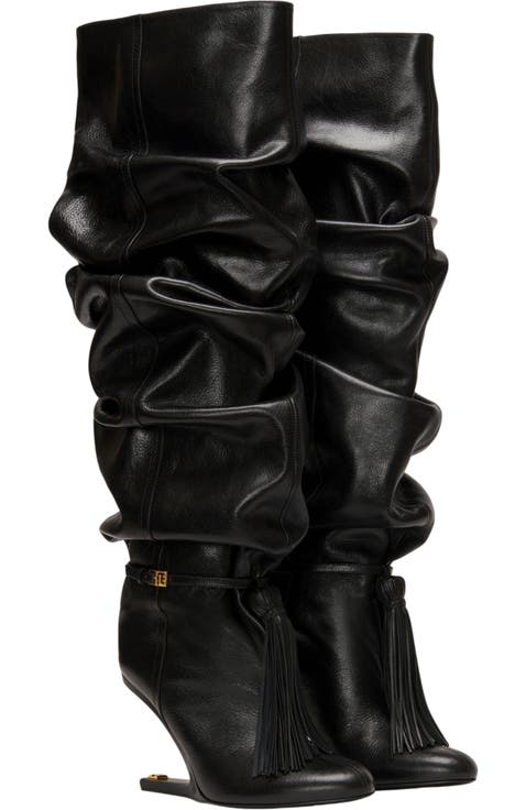 No Wedge textured leather thigh-high boots with tassel