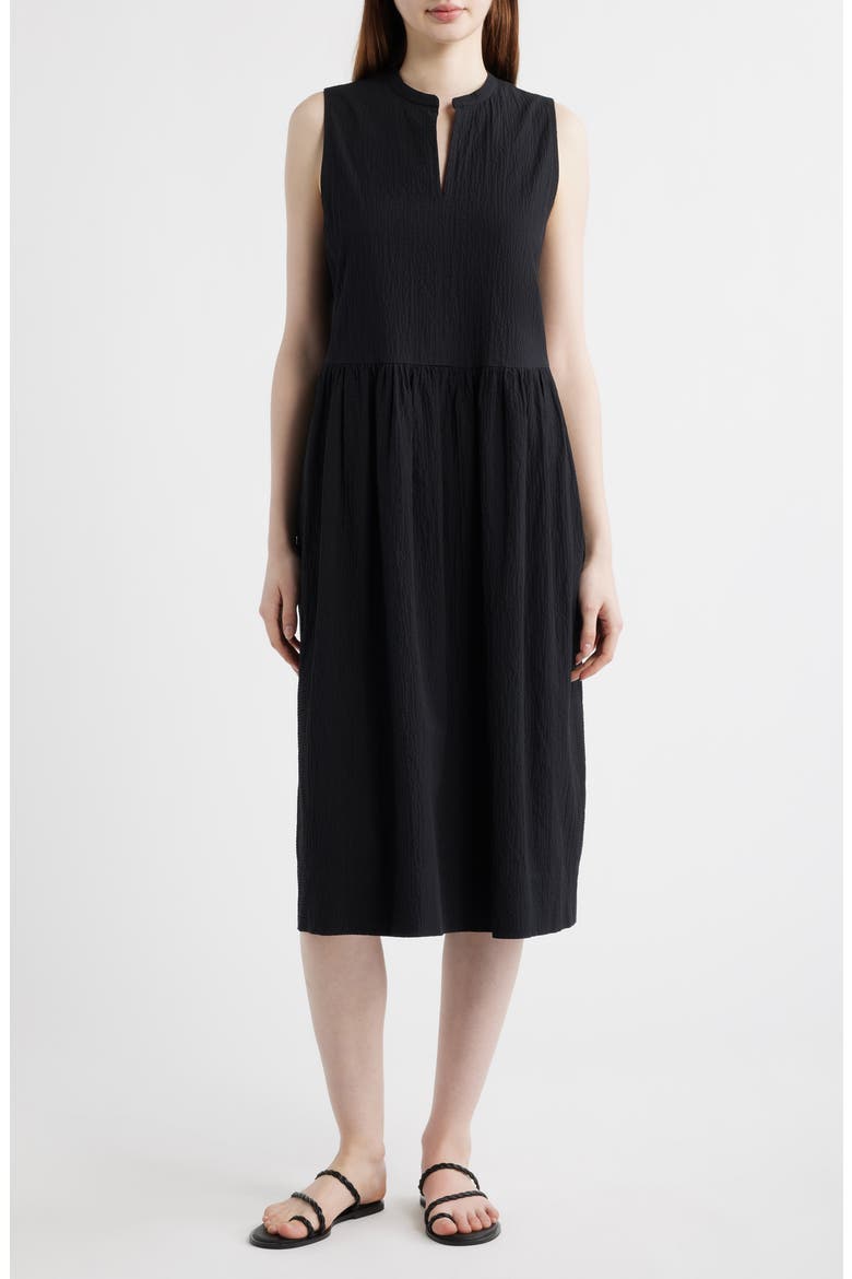 Split Neck Textured Stretch Cotton Dress, Main, color, BLACK