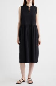 Eileen Fisher Split Neck Textured Stretch Cotton Dress