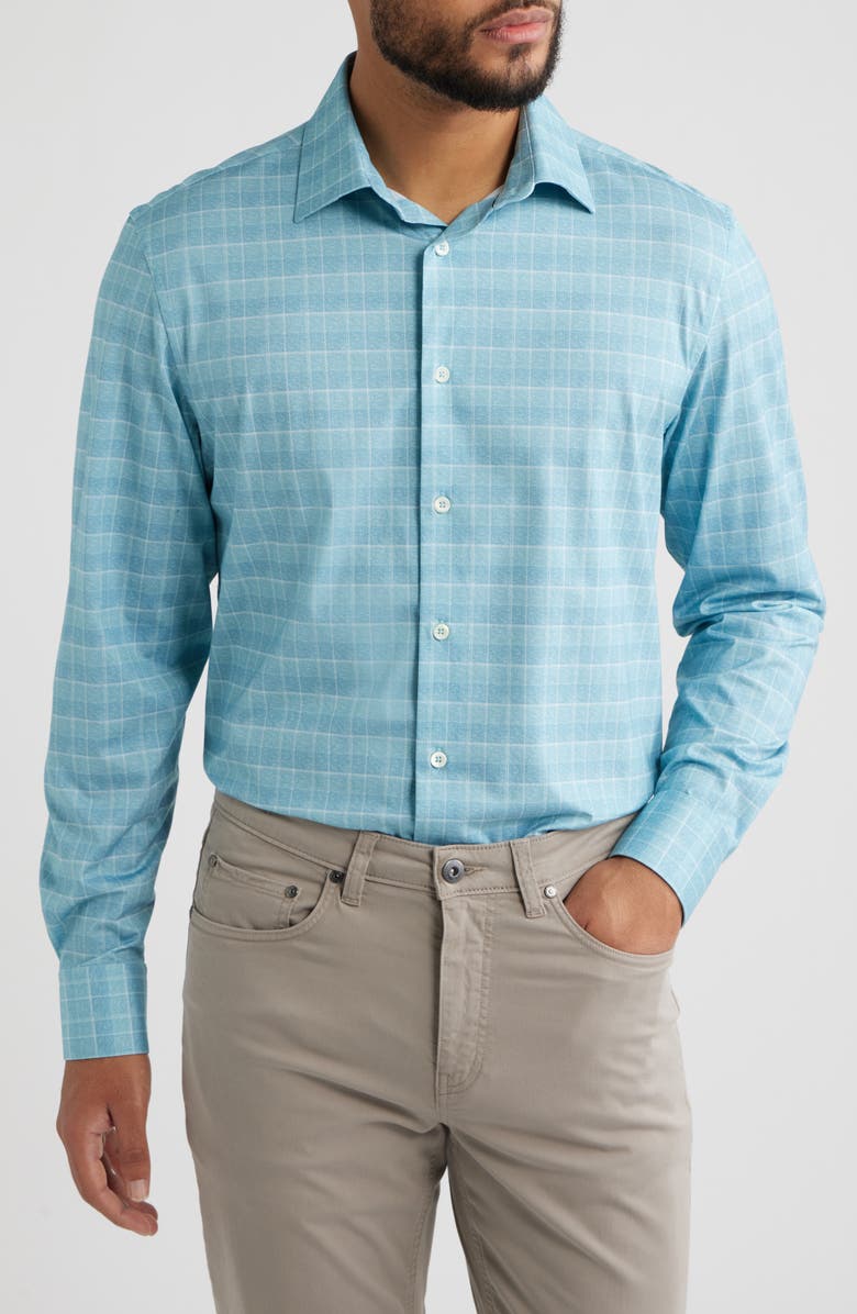 Bugatchi James OoohCotton<sup>®</sup> Check Print Button-Up Shirt, Main, color, Teal
