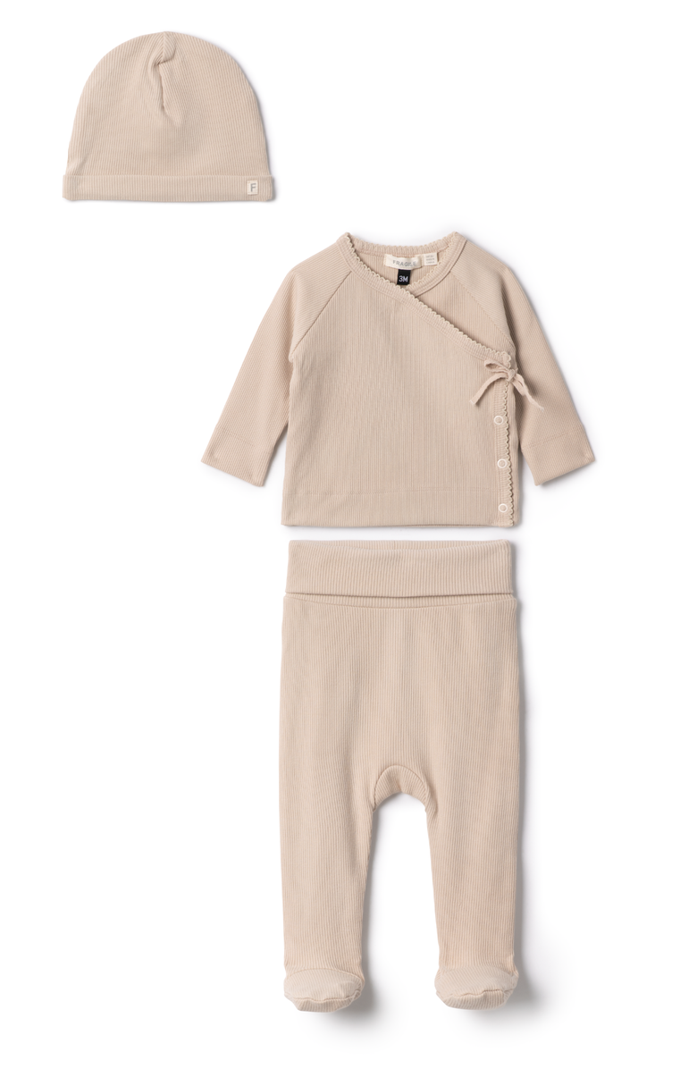 Fragile Girl Ribbed Wrap Long Sleeve Top, Leggings and Hat Set, Main, color, Sand