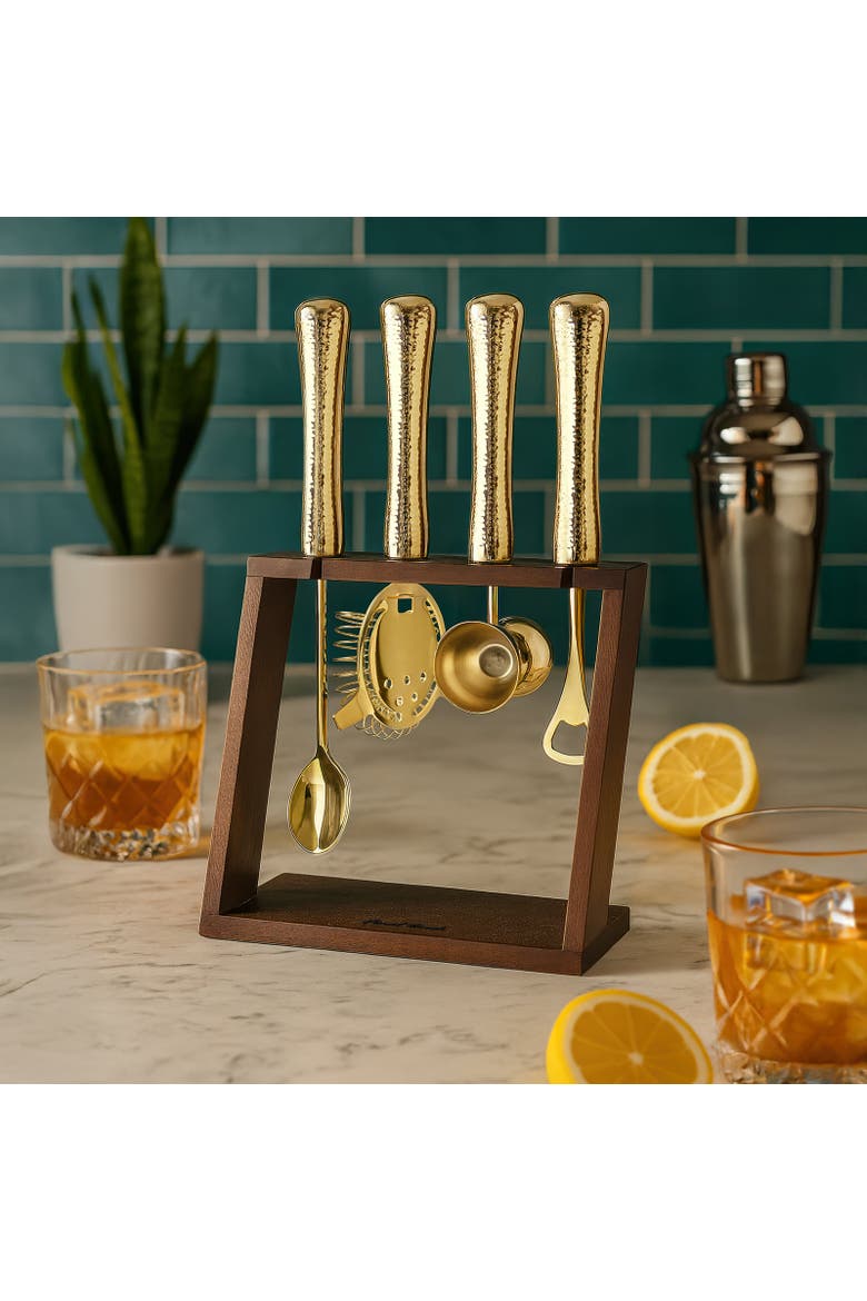 4 Piece Bar Tool Set with Stand - Brass Metal Handles, Alternate, color, Gold