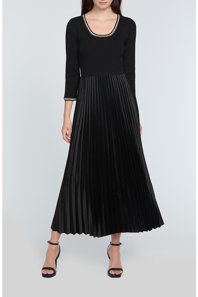 elie tahari mixed media pleated midi-dress NWT!! $395 Elie Tahari Amalia Pleated Mixed Media Sweater Dress Burgundy Size S