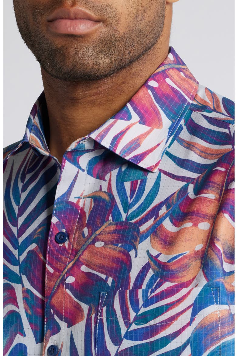 Bahama Coast Monarch Monstera Short Sleeve Performance Button-Up Shirt, Alternate, color, SUMMER GREY