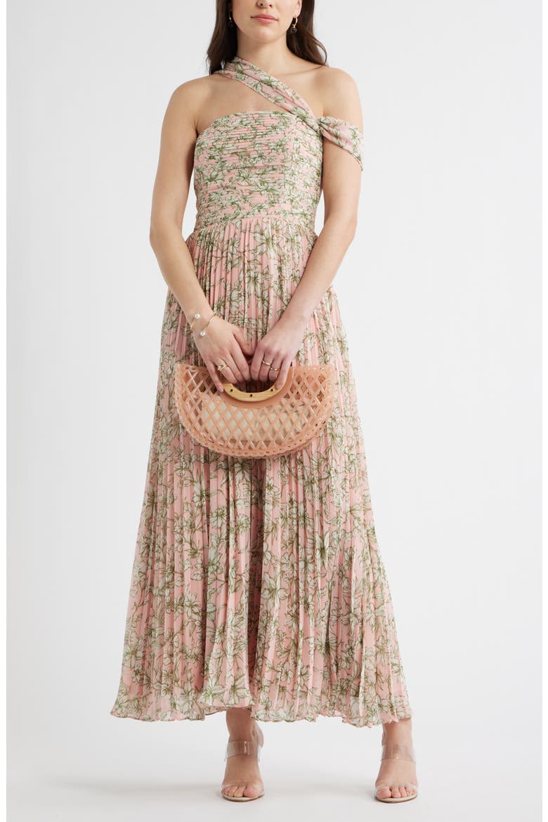 Pleated One-Shoulder Maxi Dress, Alternate, color, PINK GREEN EMMA FLORAL