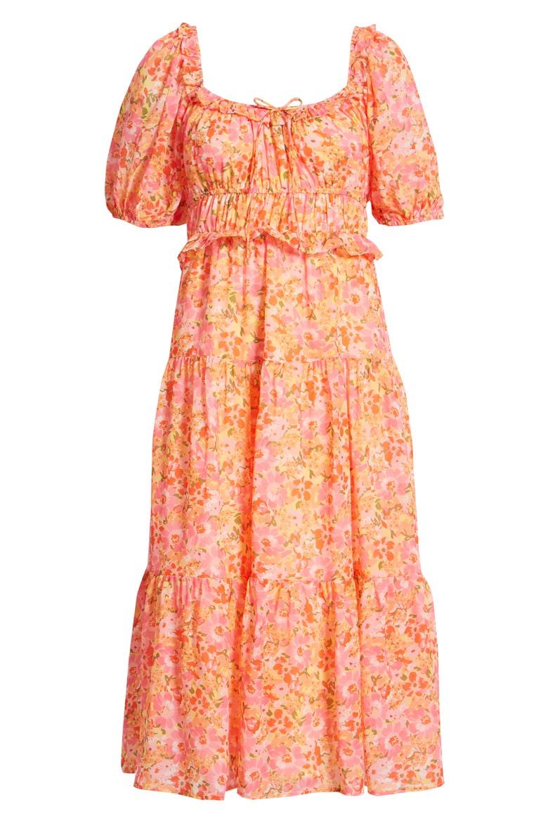 Women's Paloma Floral Print Tiered Midi Dress, Alternate, color, CORAL WATERCOLOR FLORAL