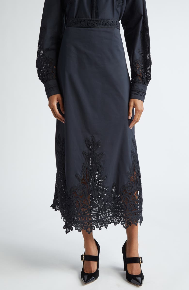 Ulla Johnson Karlyn Lace Trim Cotton & Silk Midi Skirt, Main, color,