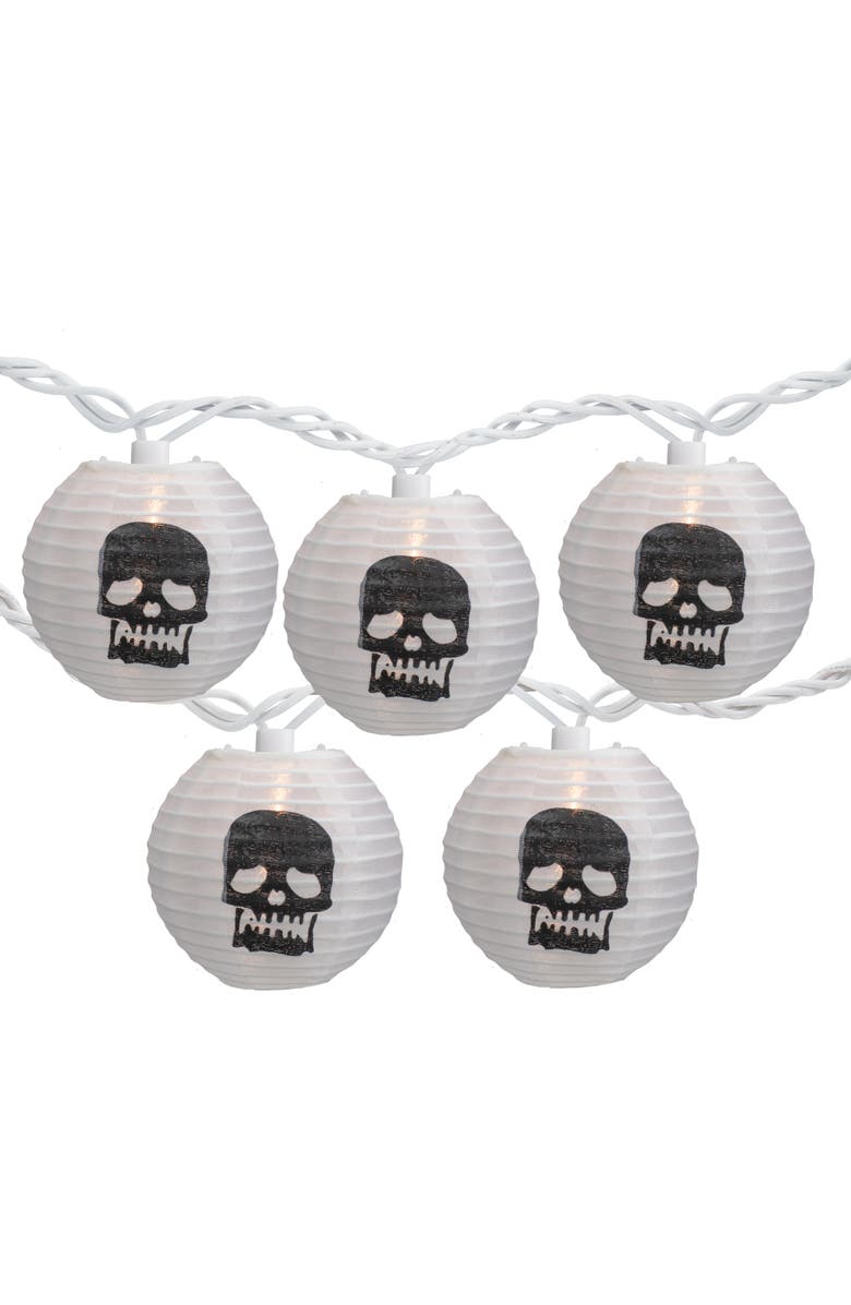 Northlight 10-Count White and Black Skull Paper Lantern Halloween Lights, 8.5ft White Wire, Main, color, White