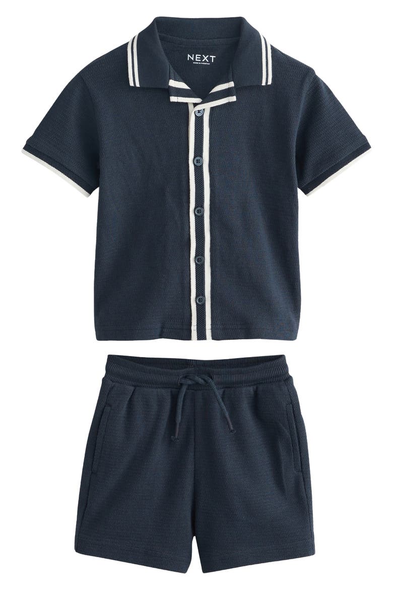 Kids' Cotton Knit Button-Up Shirt & Shorts Set, Main, color, BLUE