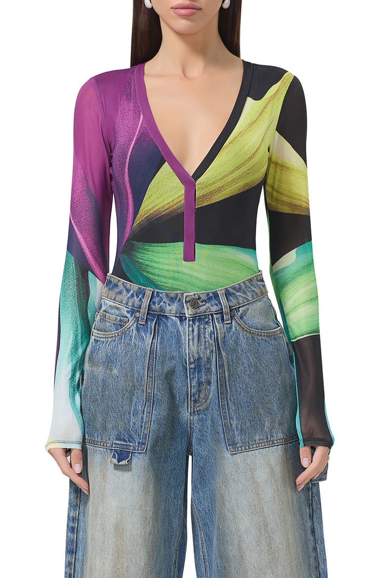 Harris Print Mesh Bodysuit, Main, color, BLACK LOTUS