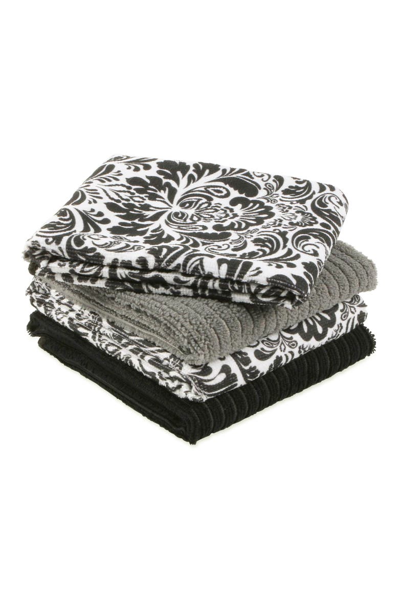 Black Damask Microfiber Dishtowel Set/4, Alternate, color, Black