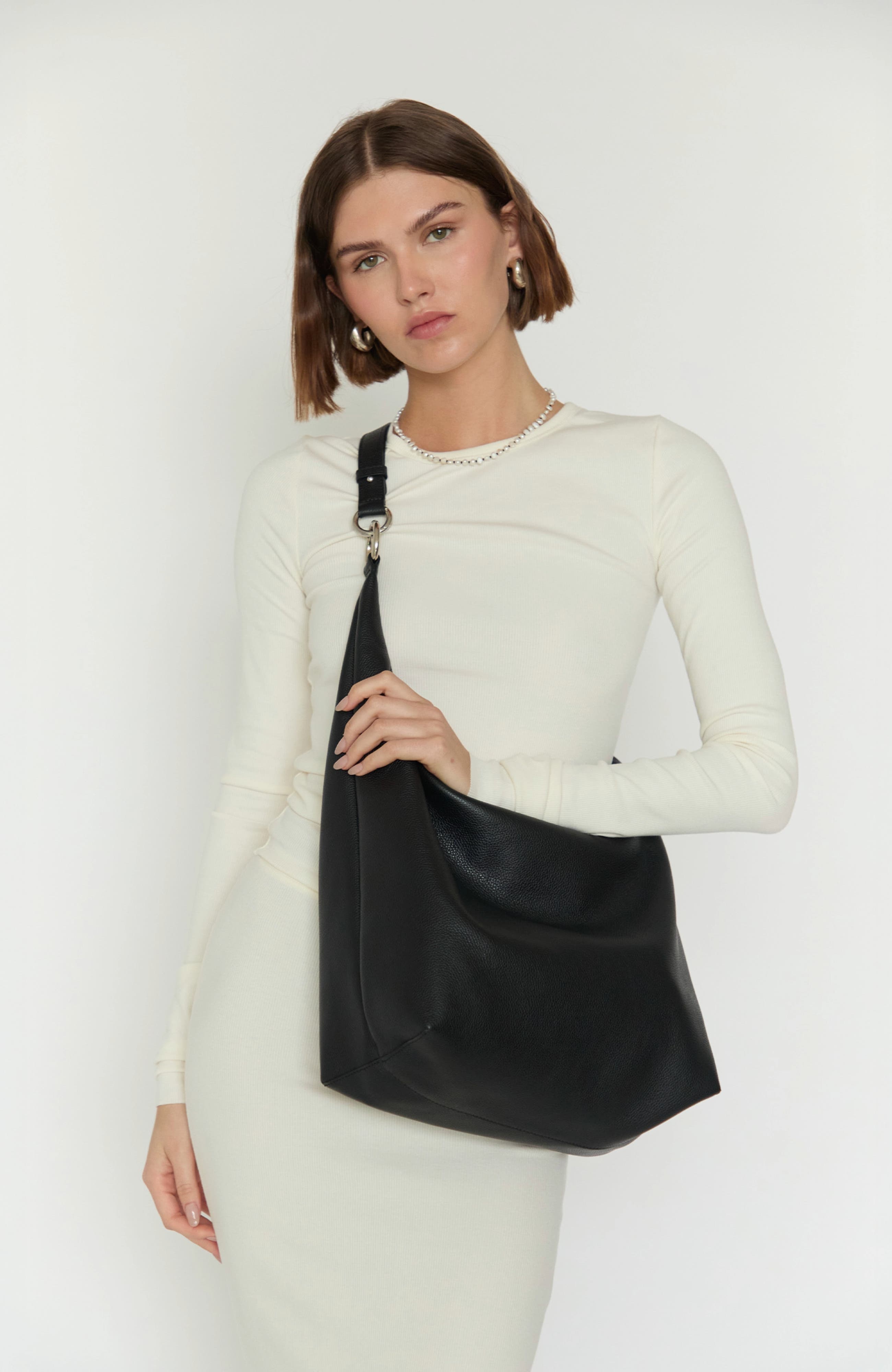 HYER GOODS Leather Convertible Hobo Ring Bag, Alternate, color, Black/Silver