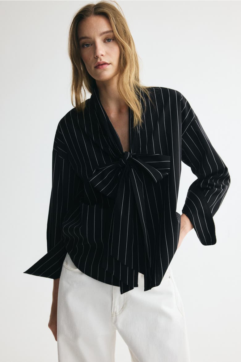 Cotton Blouse With Scarf Collar, Alternate, color, Black/pinstriped