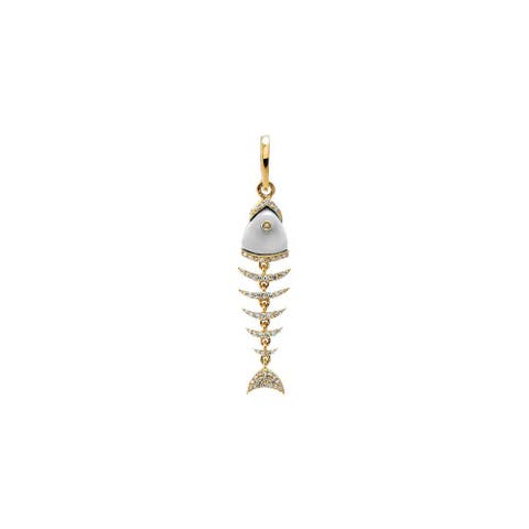 MOP Diamond Fish Bone Drop Pendant 14K