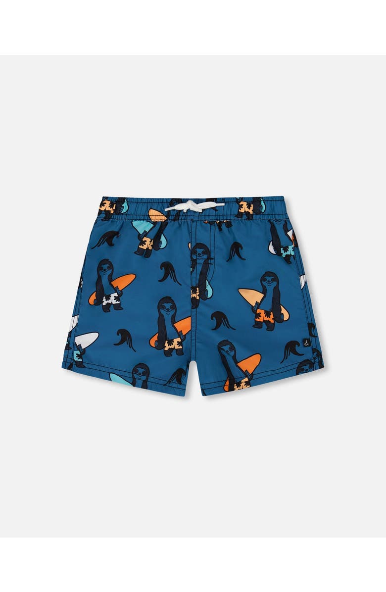 Deux par Deux Boy's Printed Swim Trunks Orange Sloths On Navy Blue, Main, color, 