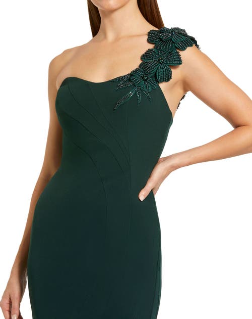 Mac Duggal Crepe One Shoulder Beaded Flower Mermaid Gown In Green