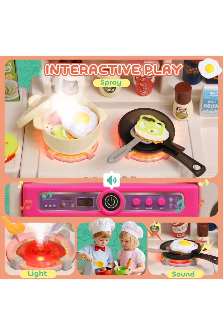 Kids Play Kitchen Toy Set, 104PCS Pretend Role Play Kitchen Playset for Toddlers, Realistic Lights & Sounds, Ages 3-6, Pink, Alternate, color, Pink