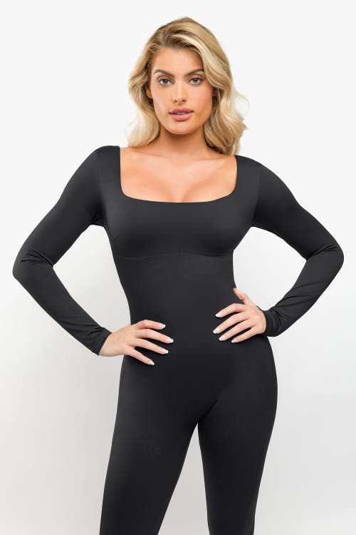 Popilush Shapewear Square Neck Long Sleeve Butt Lift Jumpsuit In Midnight Black