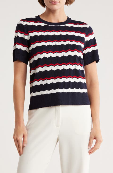 Wavy Stripe Pointelle Short Sleeve Sweater