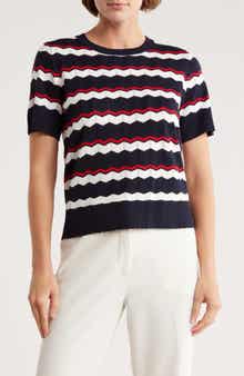 Adrianna Papell Wavy Stripe Pointelle Short Sleeve Sweater