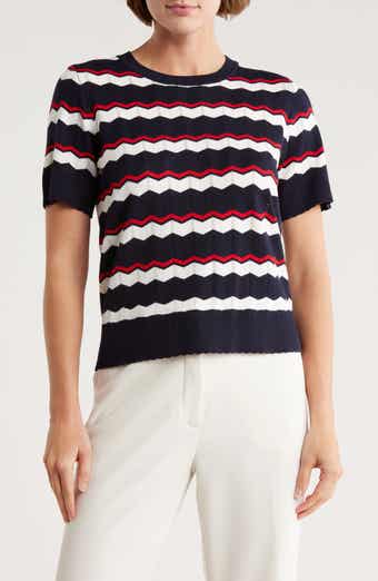 Adrianna Papell Wavy Stripe Pointelle Short Sleeve Sweater