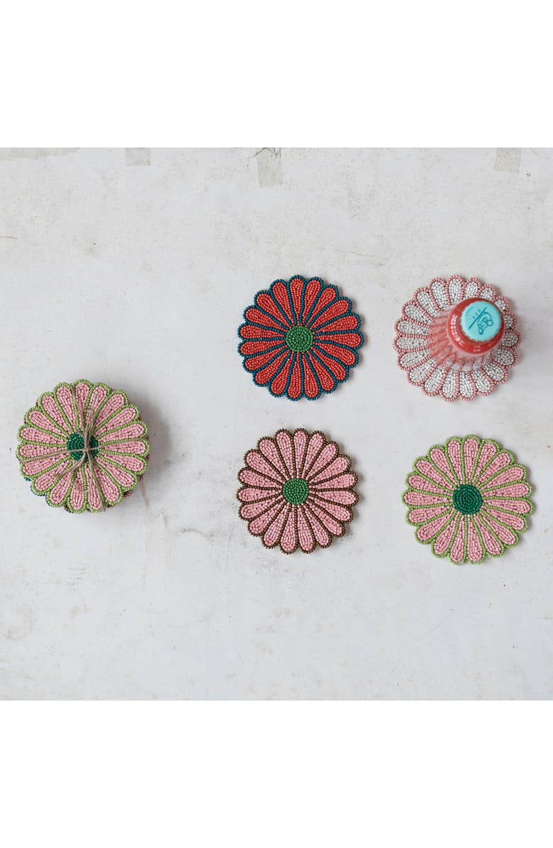 Storied Home 4-Piece Beaded Glass Flower Shaped Coasters with Jute Tie, 4 Colors, Alternate, color, Pink