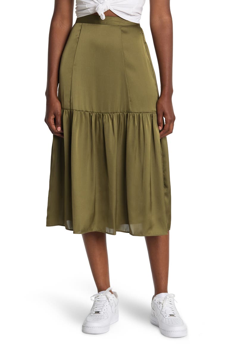 Tiered Satin Midi Skirt, Main, color, OLIVE