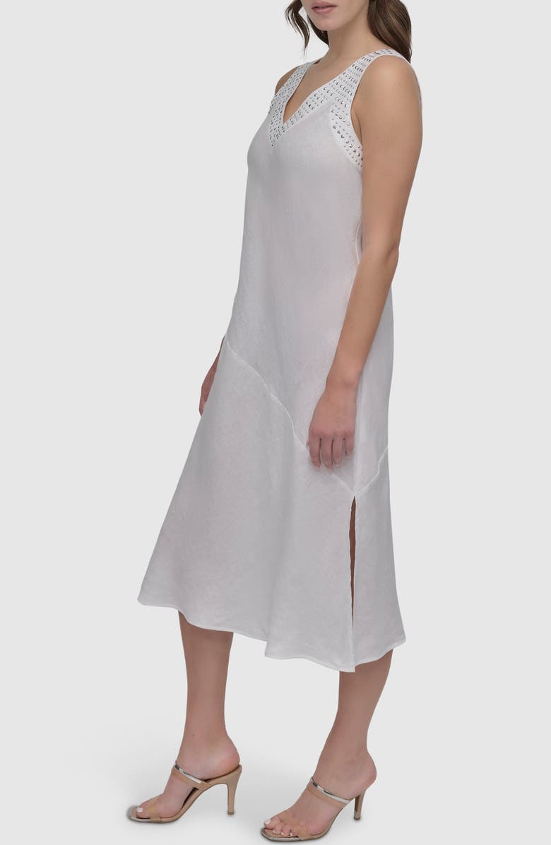DKNY Stud Detail Linen Midi Dress, Alternate, color, White