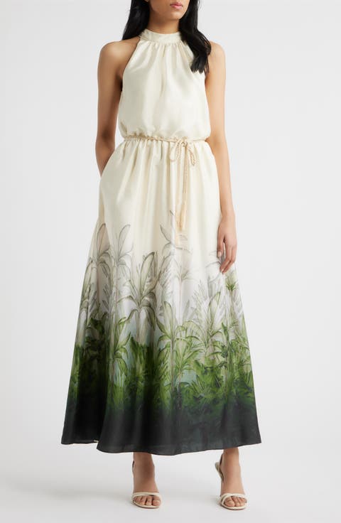 Tropical Print Mock Neck Maxi Dress