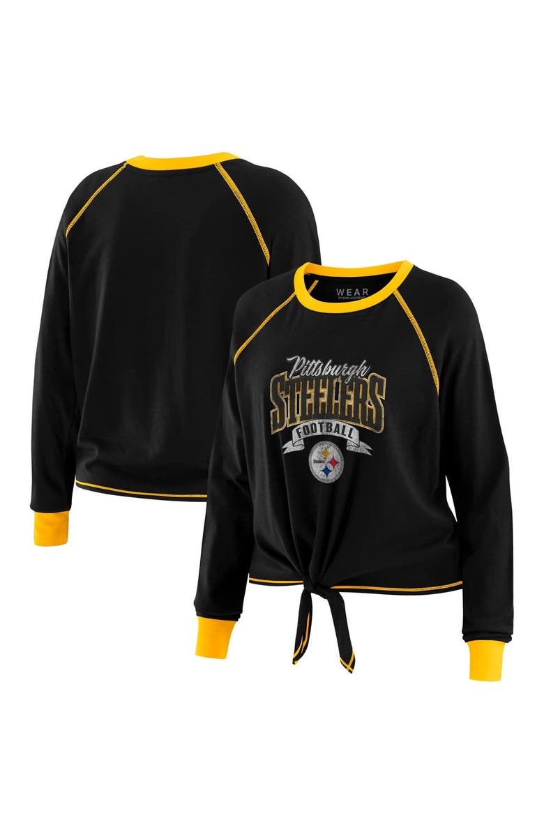 WEAR by Erin Andrews Women's WEAR by Erin Andrews Black/Gold Pittsburgh Steelers Tie-Front Long Sleeve Top, Main, color, Black