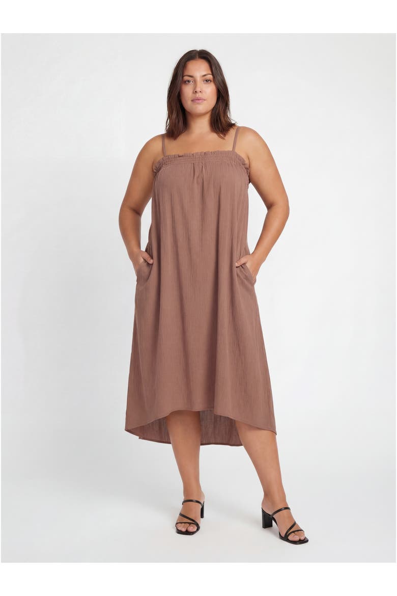 Curvy Essential Spaghetti Strap Smocked Pocket A-Line Maxi Dress, Main, color, Mocha