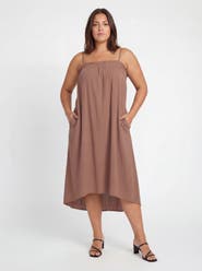 24seven Comfort Apparel Curvy Essential Spaghetti Strap Smocked Pocket A-Line Maxi Dress