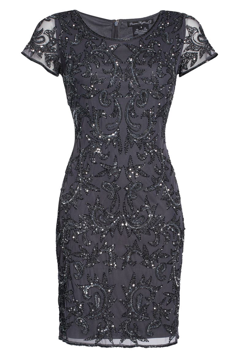 Beaded Mesh Cocktail Dress, Alternate, color, SLATE