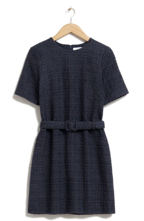 Belted Short Sleeve Tweed Dress