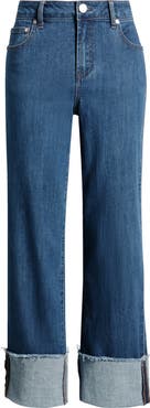 1822 Denim Cuffed Raw Hem Mid Rise Straight Leg Jeans