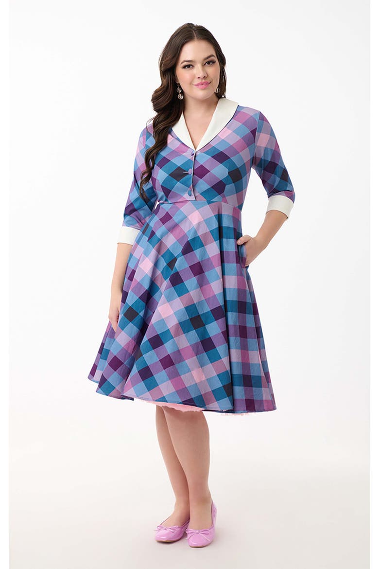 1950s Three-Quarter Length Sleeve Shirt Dress, Main, color, Purple/Blue Madras Plaid