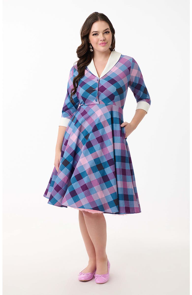 Unique Vintage 1950s Three-Quarter Length Sleeve Shirt Dress, Main, color, Purple/Blue Madras Plaid