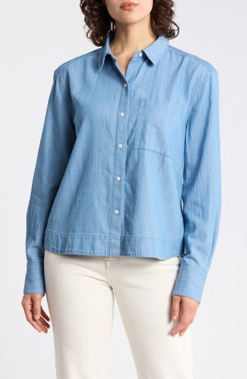 Caslon® Chambray Core Button Front Shirt in Medium Wash at Nordstrom Rack