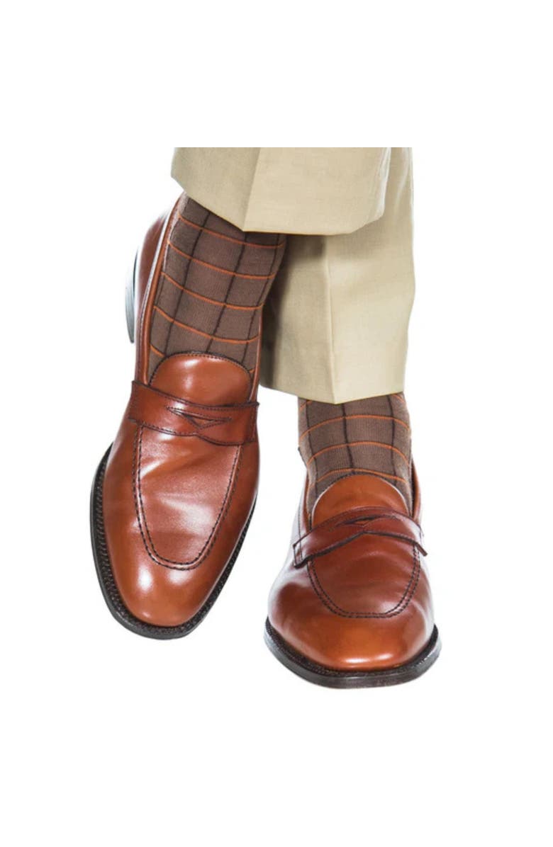 Trafalgar Oscar Windowpane Merino Wool Mid-Calf Socks, Alternate, color, Brown And Orange