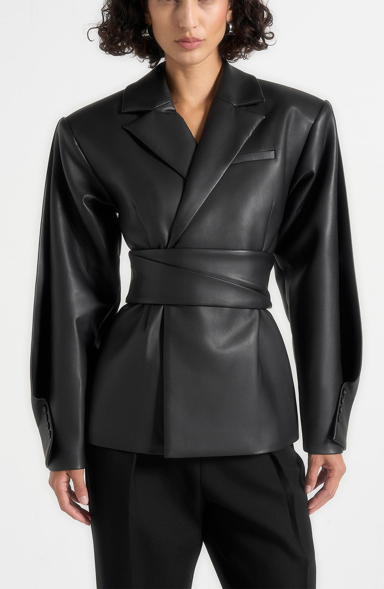 Manière De Voir Marie Twist Sleeve Leather Blazer with Belt, Alternate, color, Black