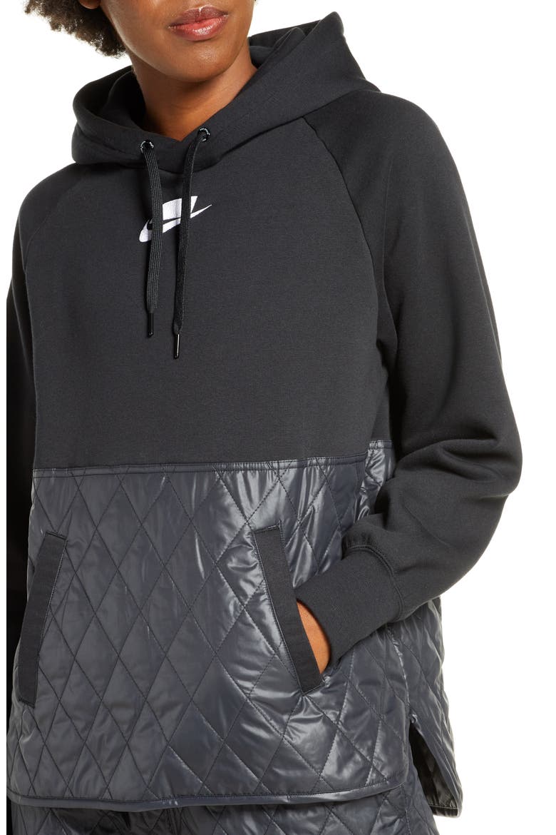 Sportswear Logo Mixed Media Quilted Hoodie, Alternate, color, BLACK/ BLACK/ BLACK/ WHITE