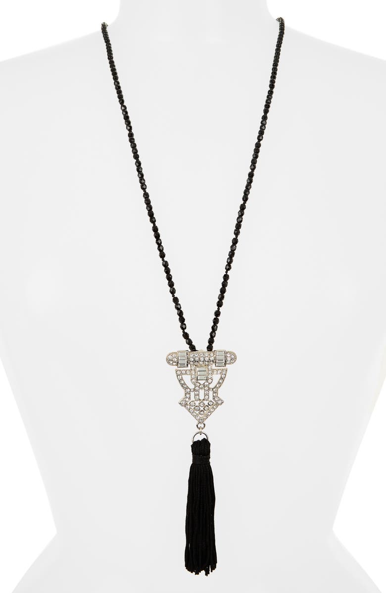 Kenneth Jay Lane Pavé Crystal & Tassel Drop Beaded Long Necklace, Alternate, color, Polished Silver