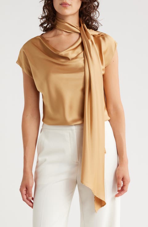 Cap Sleeve Satin Top with Scarf