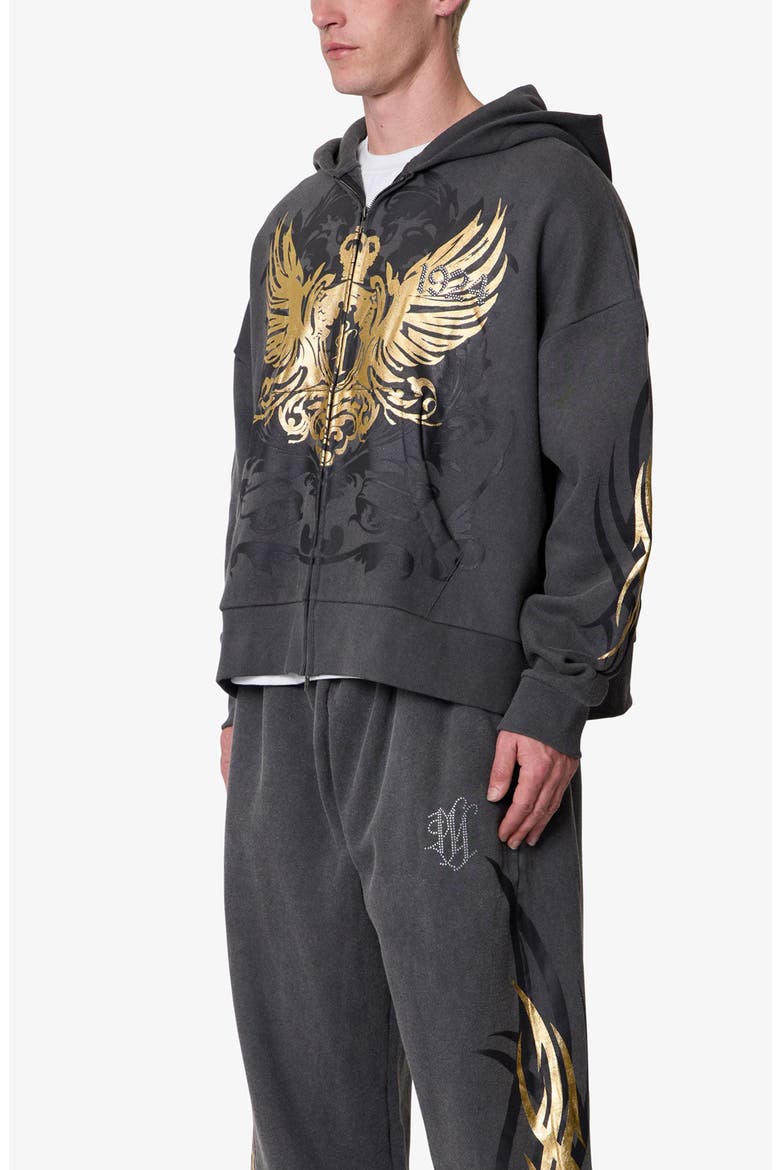 Oversize Gold Foil Cotton Zip Hoodie, Alternate, color, WASHED BLACK