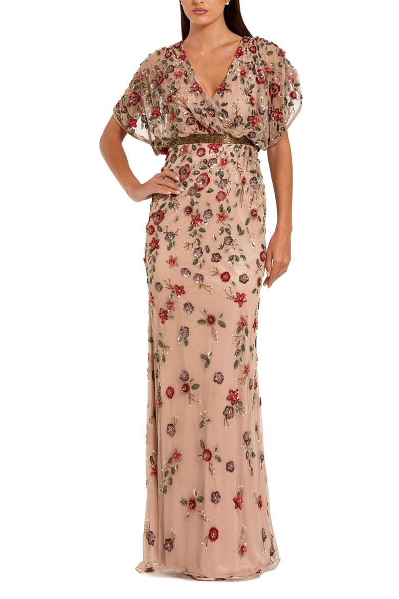 Floral Embellished Short Sleeve Blouson Gown, Main, color, Antique Rose