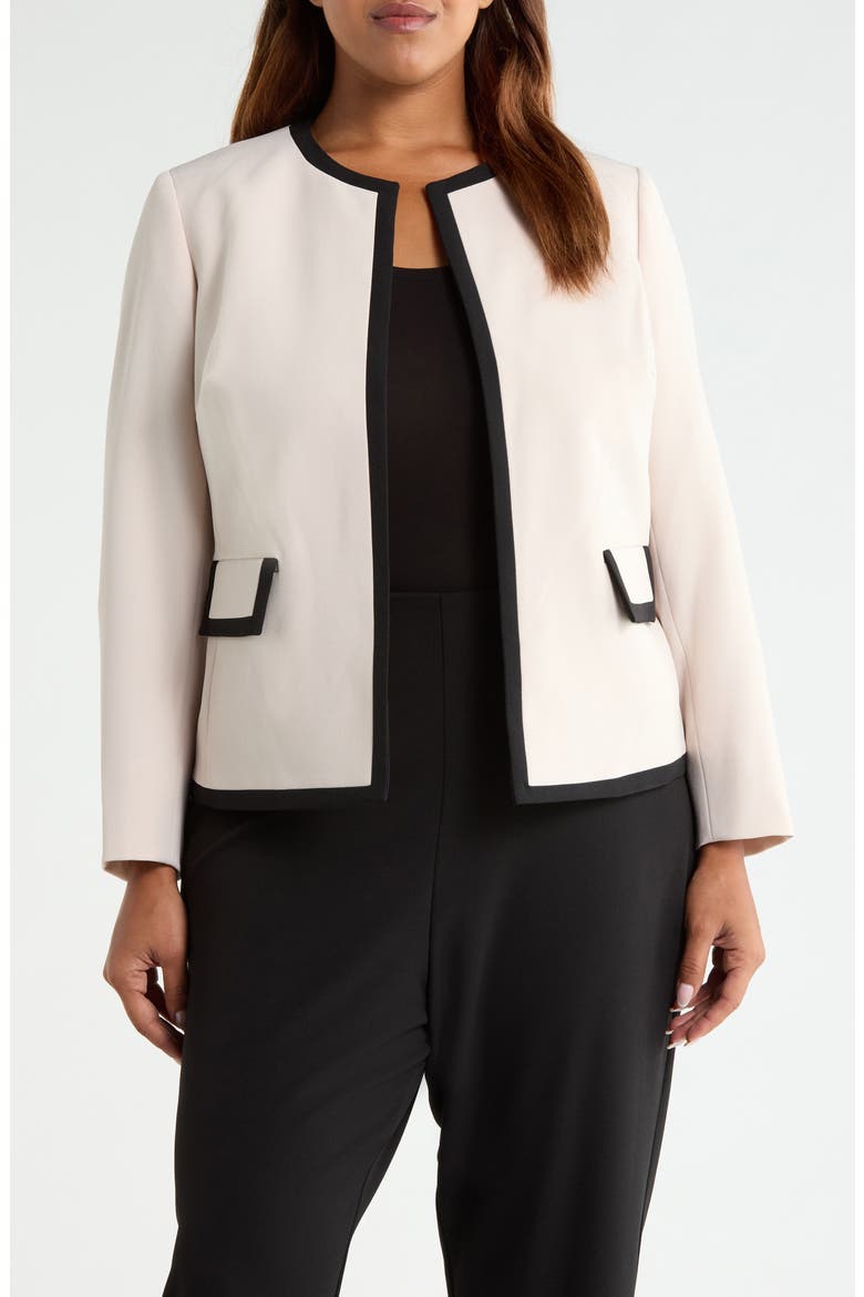 Framed Open Front Stretch Crepe Jacket, Main, color, PARCHMENT/ BLACK