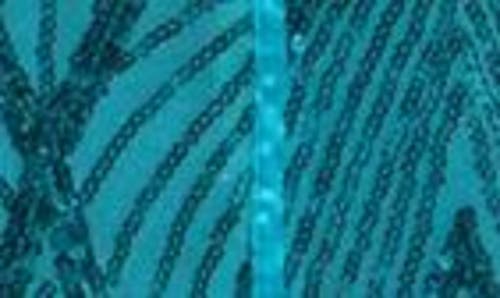 Bebe Sequin Feather Trim Strapless Gown In Teal