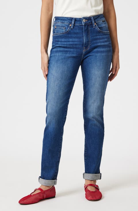 Kathleen Mid Rise Slim Boyfriend Jeans (Dark Brushed Flex Blue)