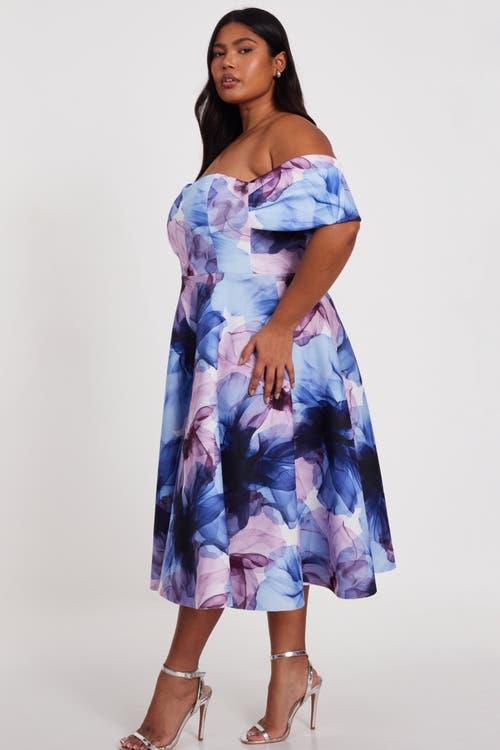 Quiz Plus Size Scuba Knit Floral Print Bardot Midi Skater Dress In Blue