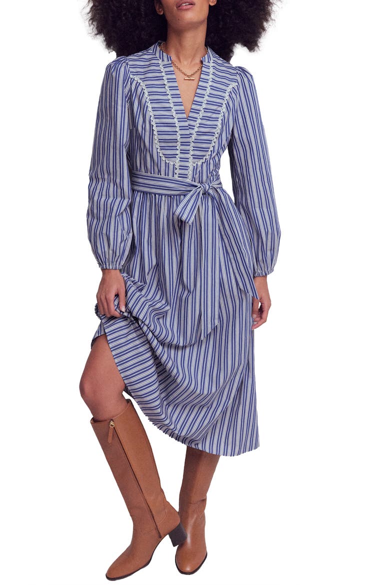 Lace Trim Stripe Long Sleeve Cotton Dress, Main, color, SURF THE WEB STRIPE